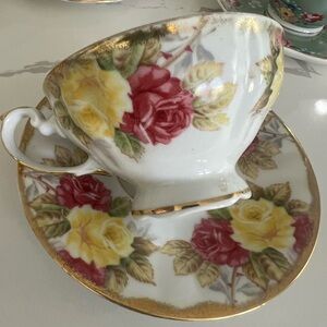 Floral Teacup and Saucer Set with Gold Trim
